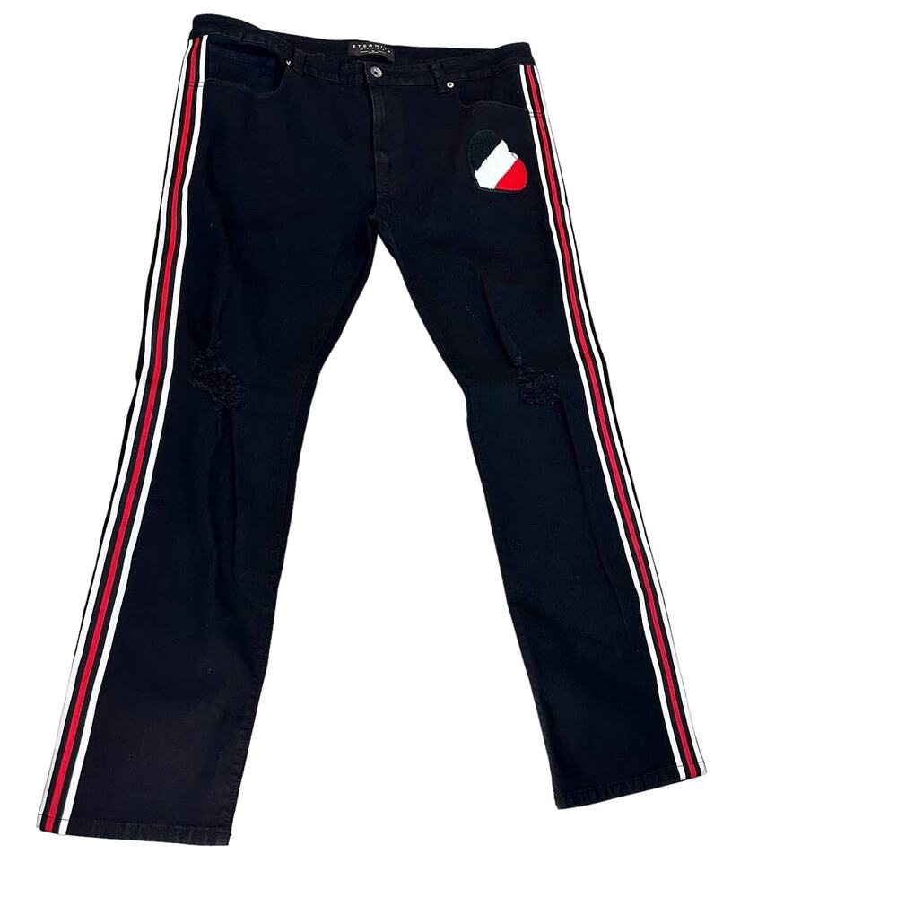 Eternity BC/AD Black Denim Leg Striped + Heart Detail Jeans Tapered Leg Size 42